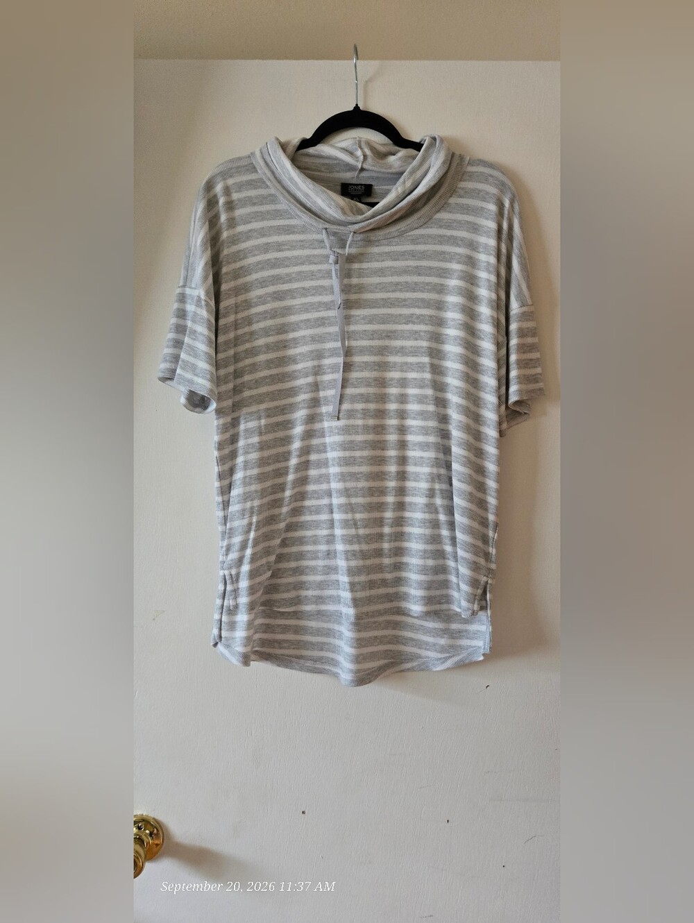 Jones New York Signature Gray and White Striped Short-Sleeve Cowl-Neck Shirt